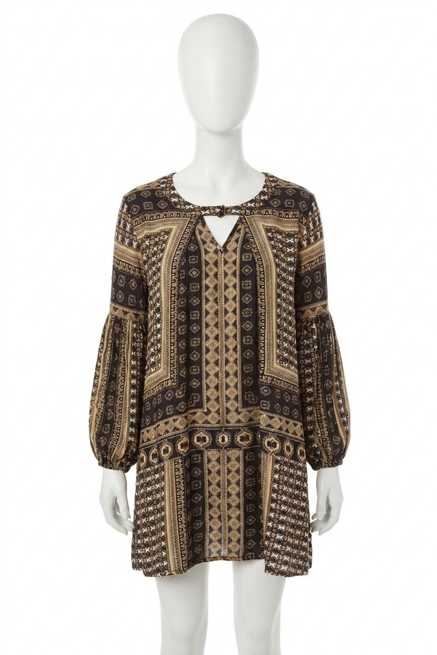 NEW VELZERA bohemian keyhole mini dress in camel black